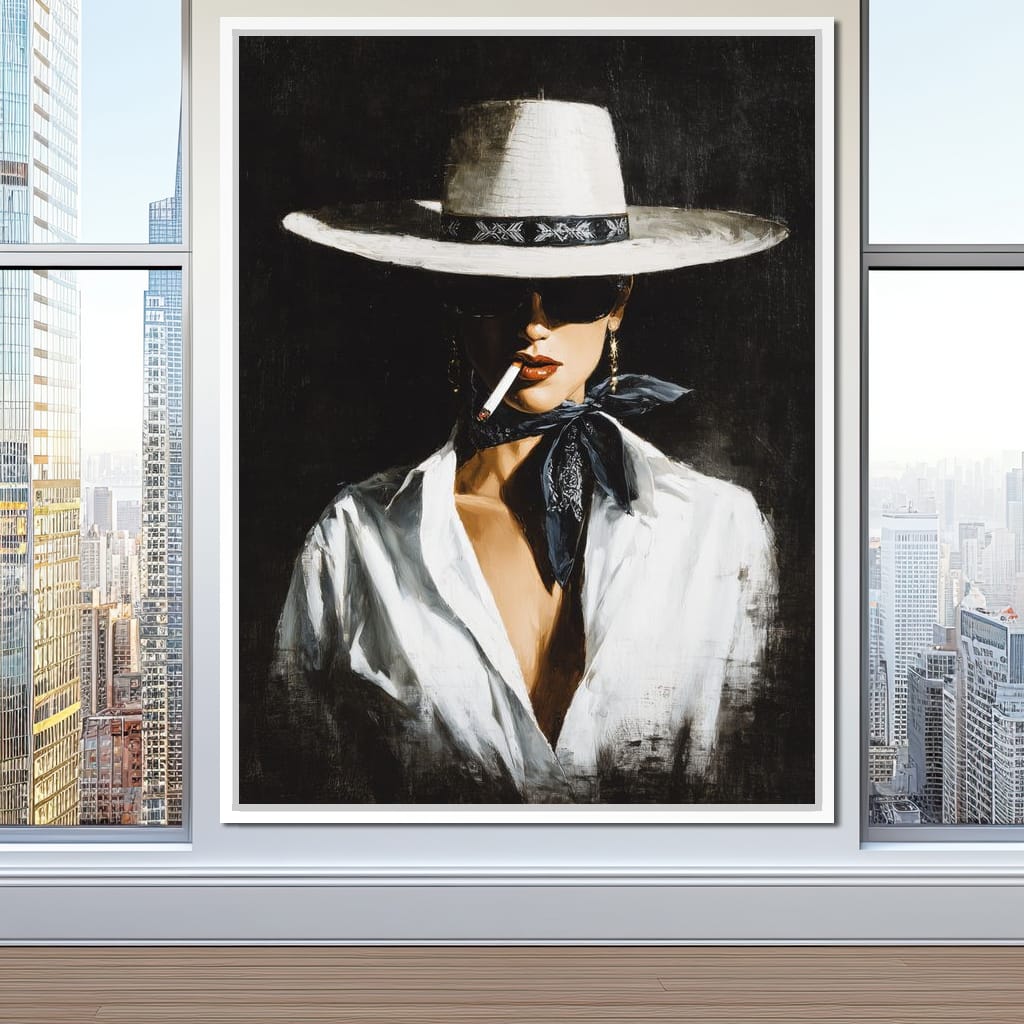 Noir Cowgirl Smoking Portrait Canvas Wall Art