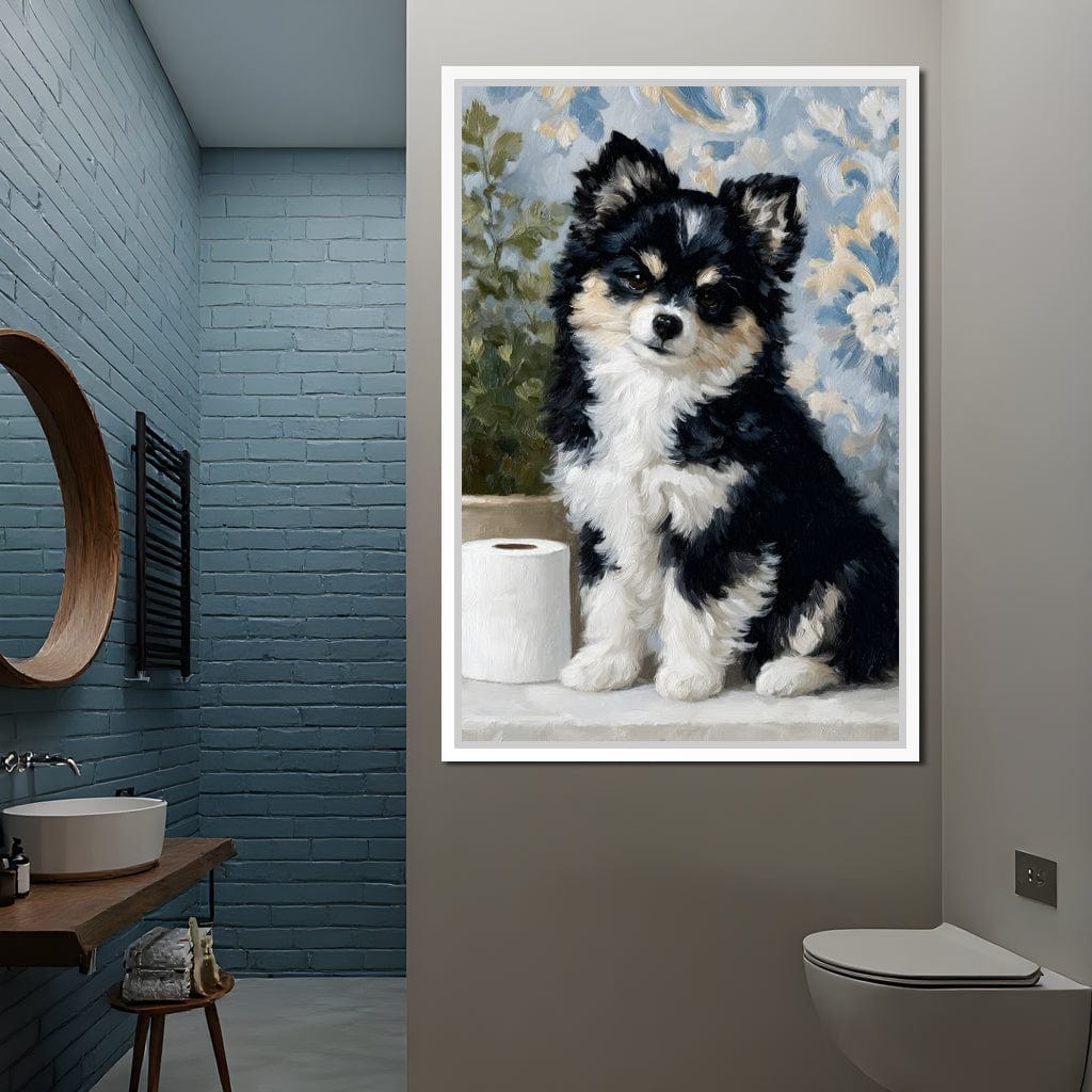 Playful Puppy Bathroom Guard Canvas Wall Art