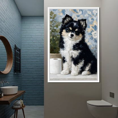 Playful Puppy Bathroom Guard Canvas Wall Art