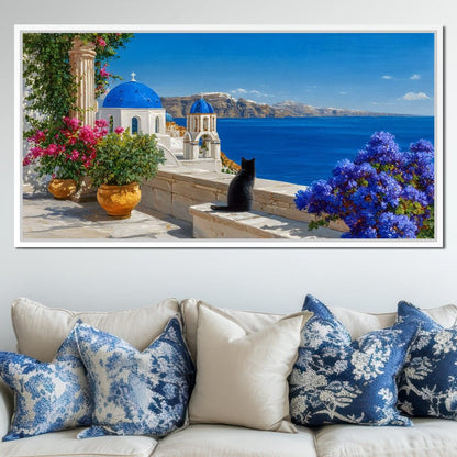 Santorini Blue Domes Cat Escape Canvas Wall Art