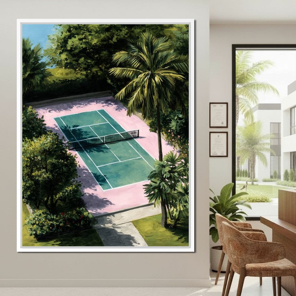 Palm Court Tennis Retreat Scene Canvas Wall Art