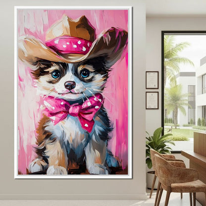 Cute Cowboy Puppy Pink Bow Charm Canvas Wall Art