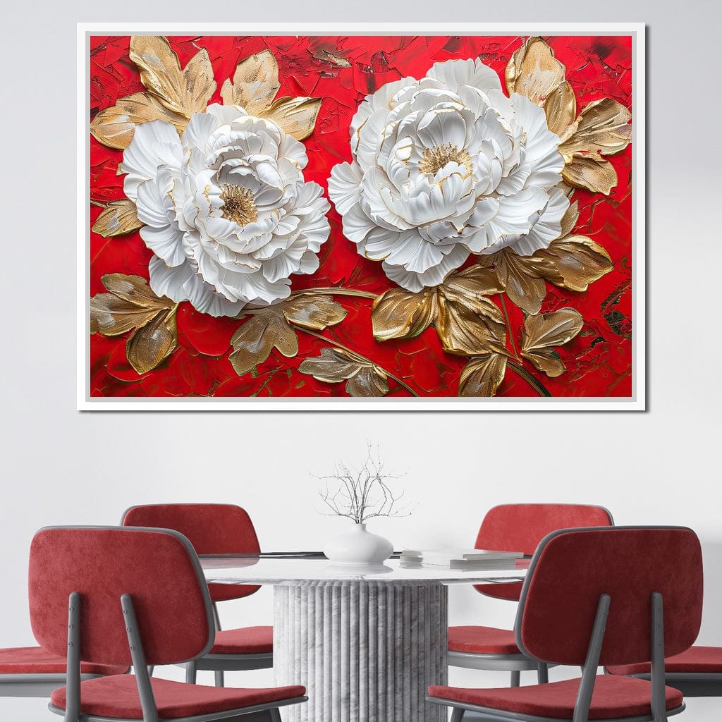 Golden Petals on Ruby Waves Canvas Wall Art