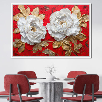 Golden Petals on Ruby Waves Canvas Wall Art