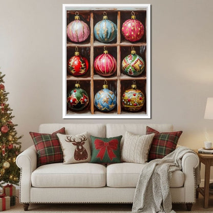 Vintage Christmas Ornaments Grid Canvas Wall Art