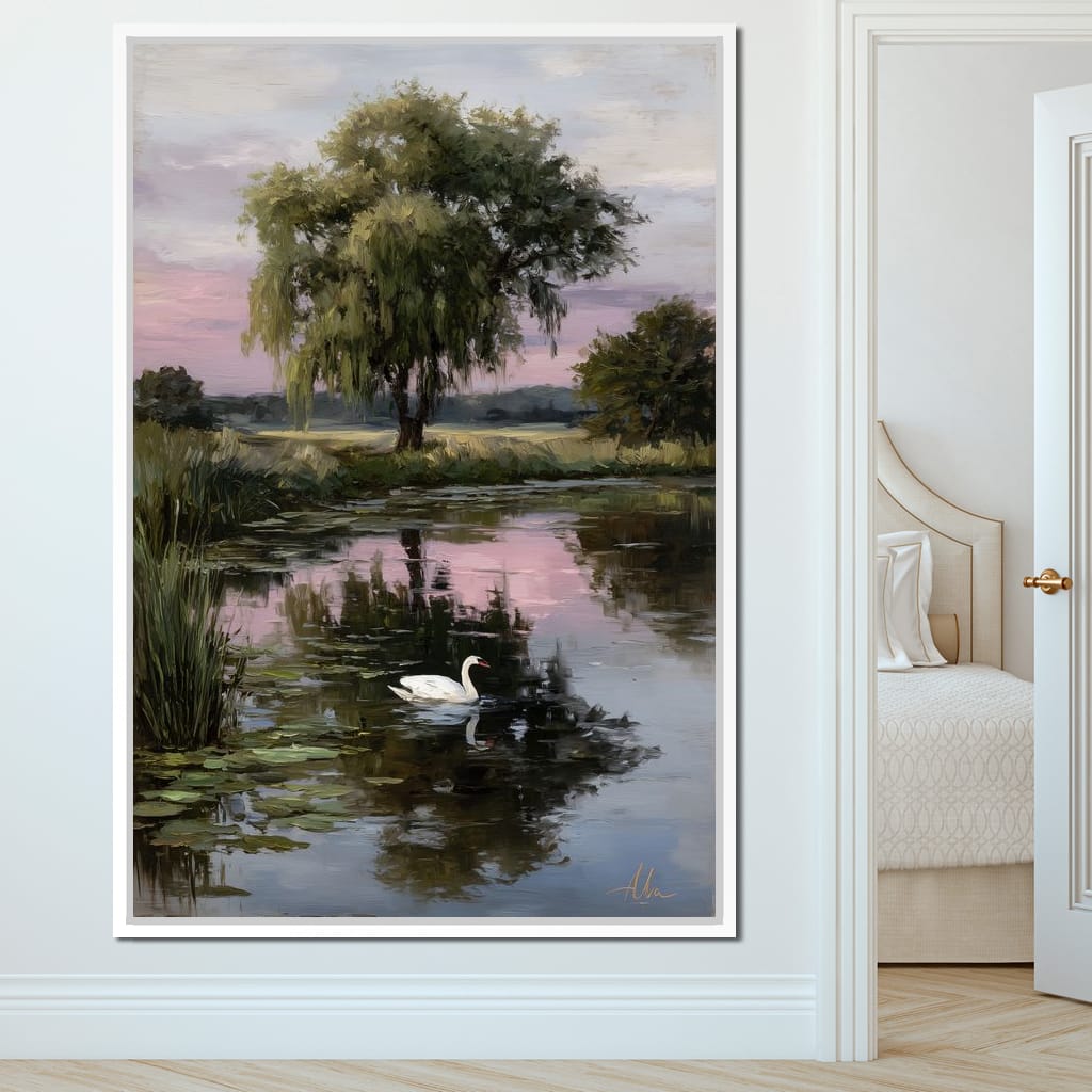 Swan Pond Willow Sunset Sky Canvas Wall Art