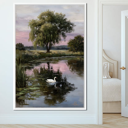Swan Pond Willow Sunset Sky Canvas Wall Art