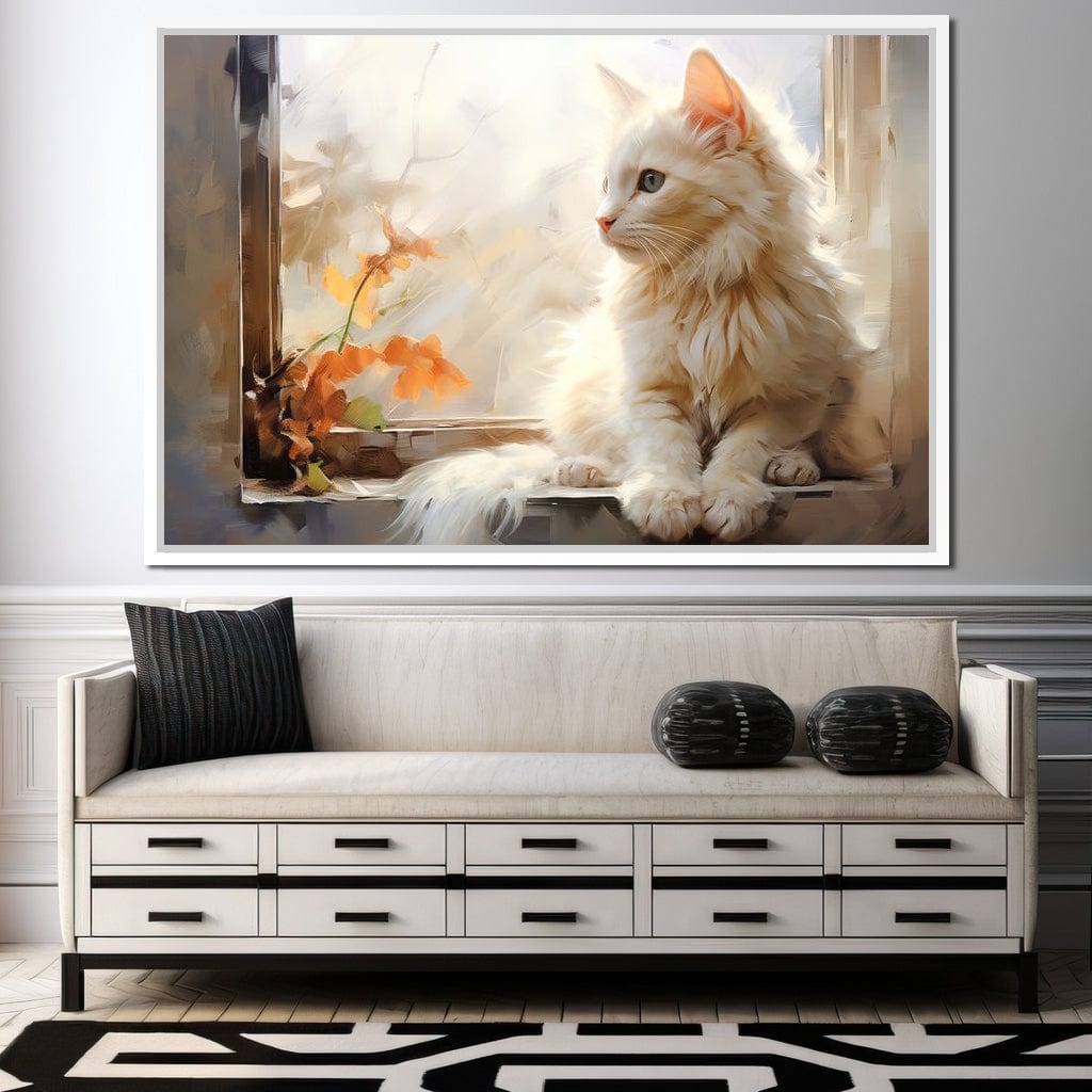 White Cat Sitting on Windowsill Canvas Wall Art