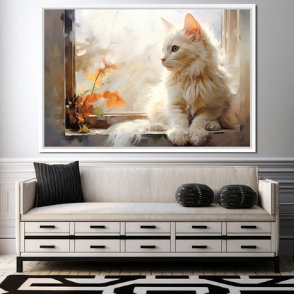 White Cat Sitting on Windowsill Canvas Wall Art