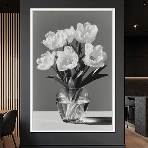 Monochrome Tulips Glass Vase Canvas Wall Art