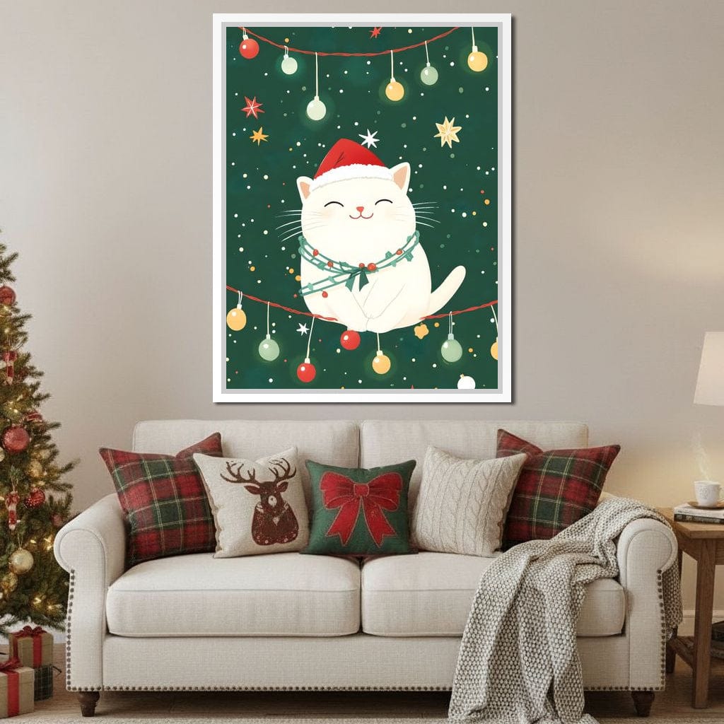 Jolly Santa Kitty Holiday Lights Canvas Wall Art