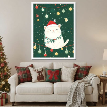 Jolly Santa Kitty Holiday Lights Canvas Wall Art
