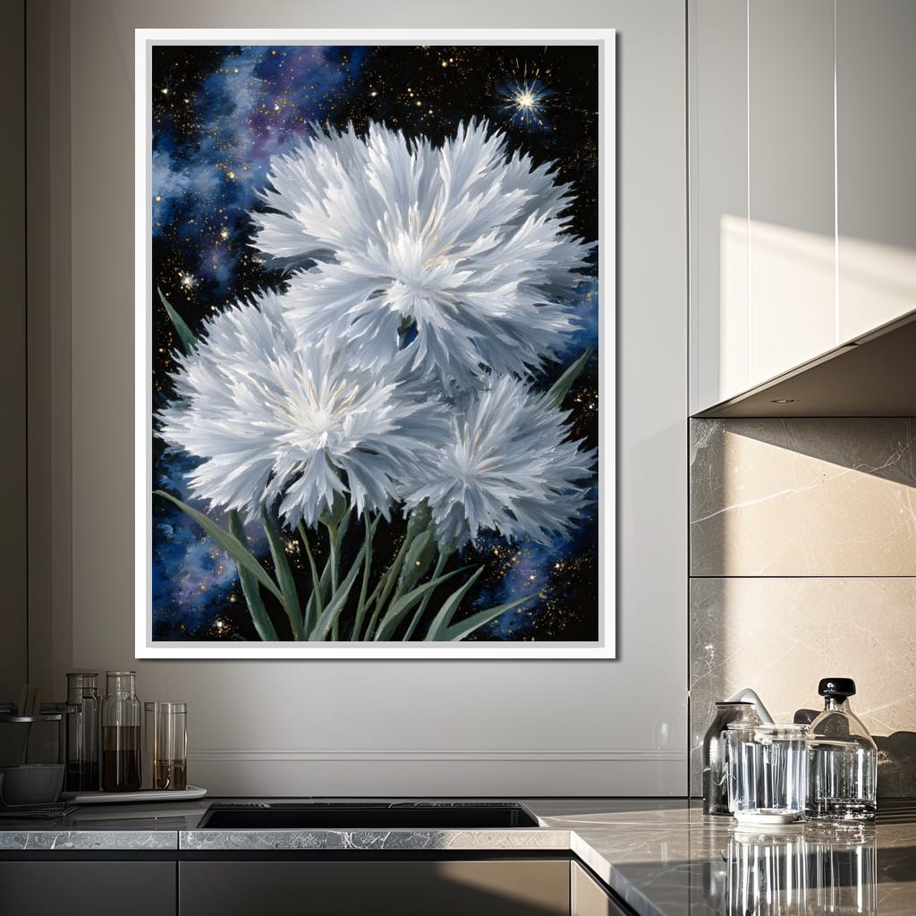 Starlit White Mum Bouquet Canvas Wall Art