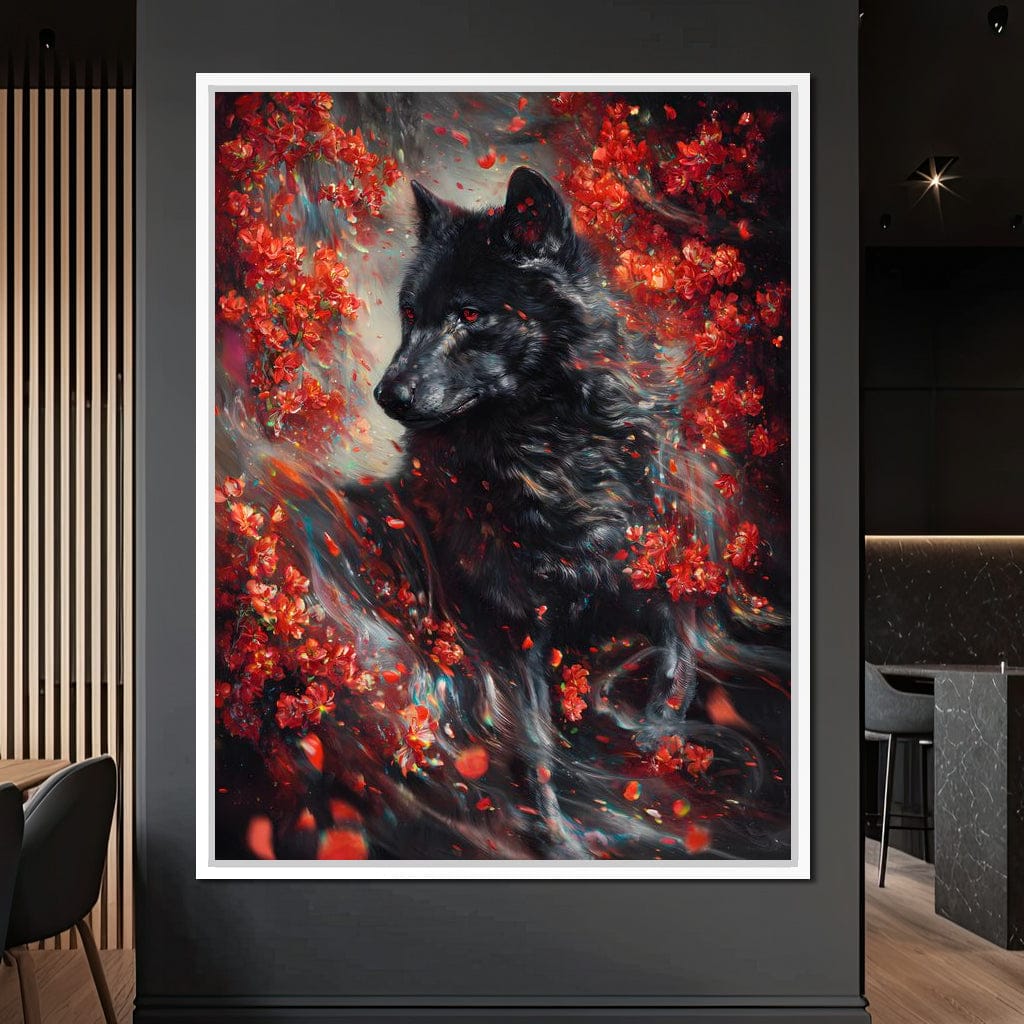 Black Wolf Rose Petal Storm Canvas Wall Art