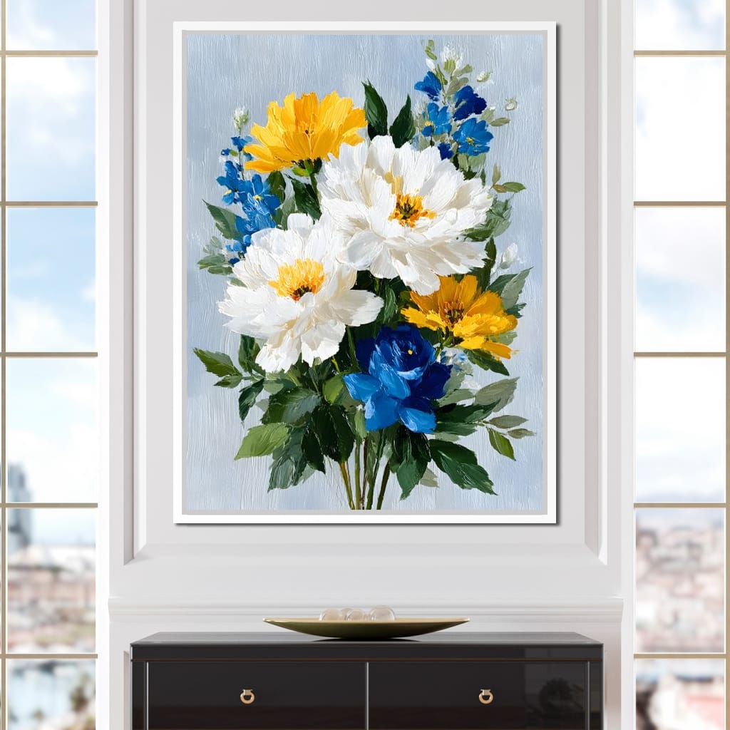 Golden White Blue Garden Posey Canvas Wall Art