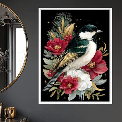 Moonlit Floral Gold Chickadee Canvas Wall Art