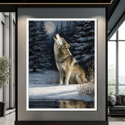 Moonlit Wolf Winter Howl Night Canvas Wall Art