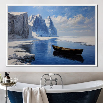 Silent Boat on Frozen Fjord Canvas Wall Art