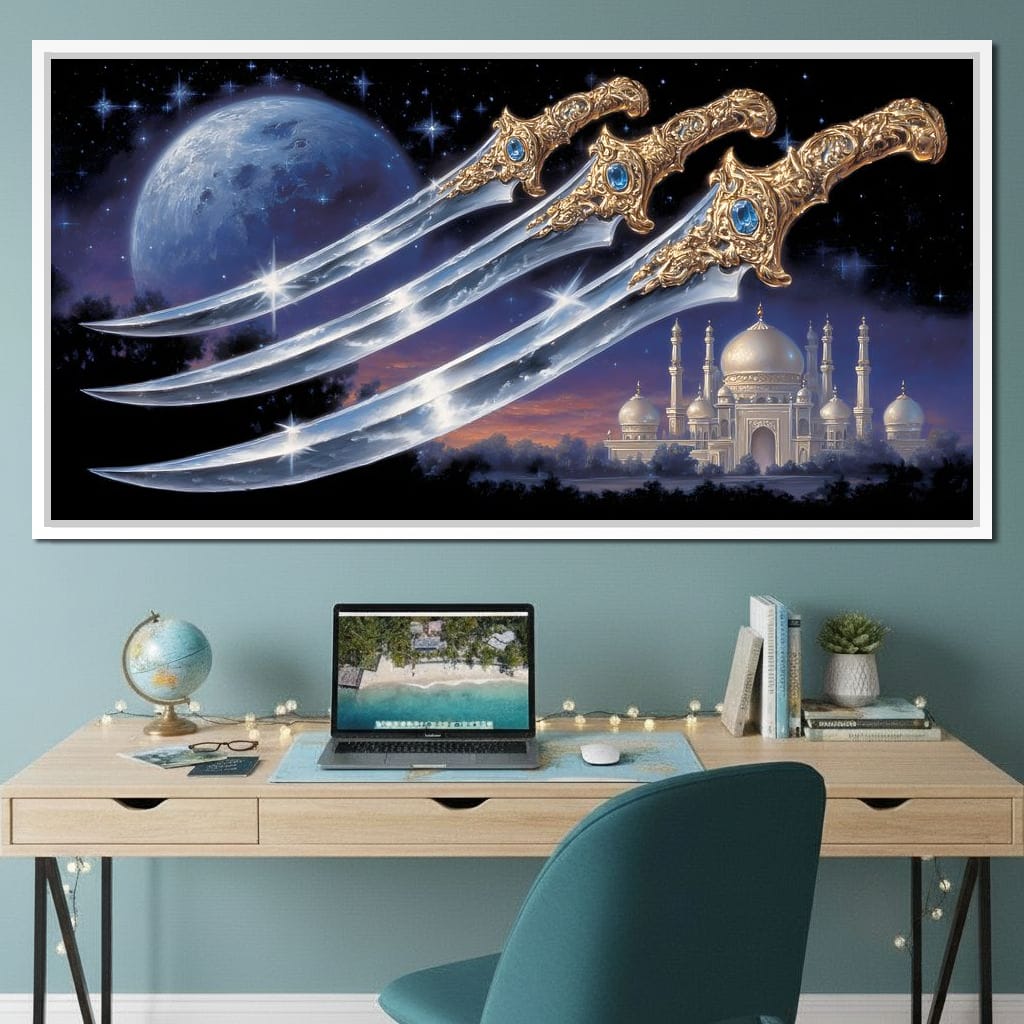 Moonlit Blades Over Golden Palace Canvas Wall Art