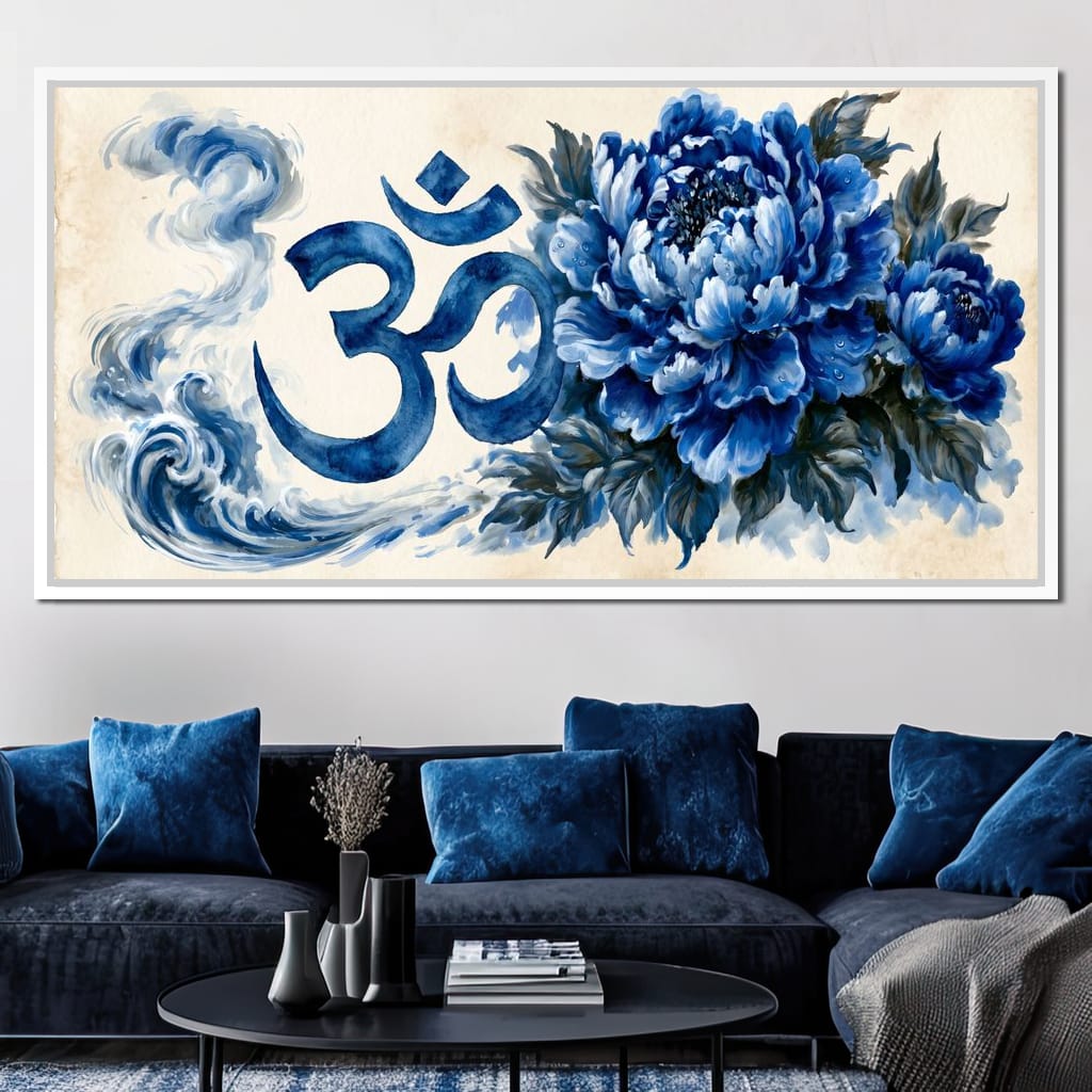 Om Blue Peony Meditation Mood Canvas Wall Art