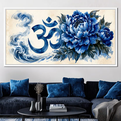 Om Blue Peony Meditation Mood Canvas Wall Art