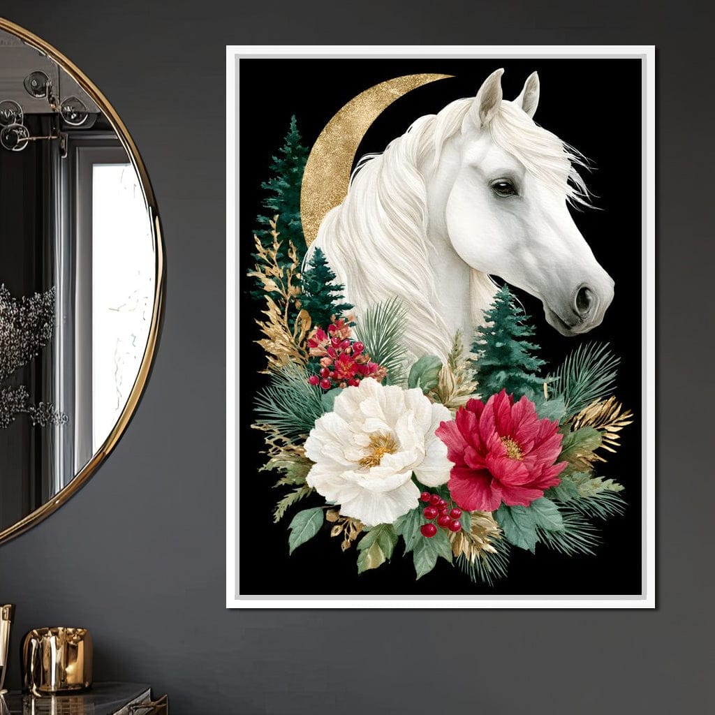 Moonlit Floral Gold White Horse Canvas Wall Art