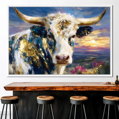 Golden Highland Cow Sunset Canvas Wall Art