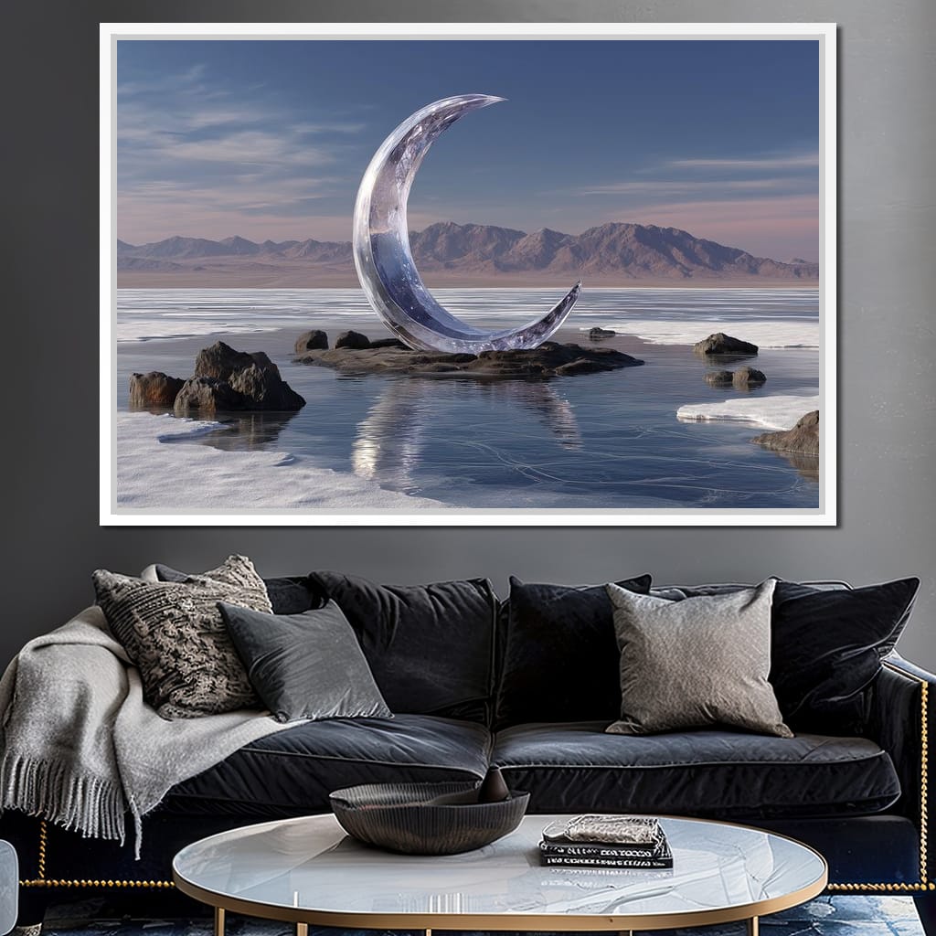 Silver Crescent Over Salt Flats Canvas Wall Art