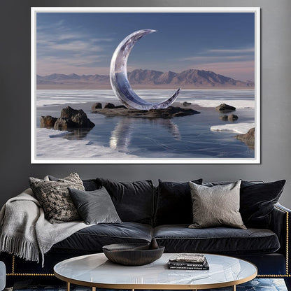 Silver Crescent Over Salt Flats Canvas Wall Art