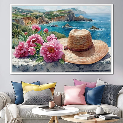 Seaside Blooms and Straw Hat Canvas Wall Art