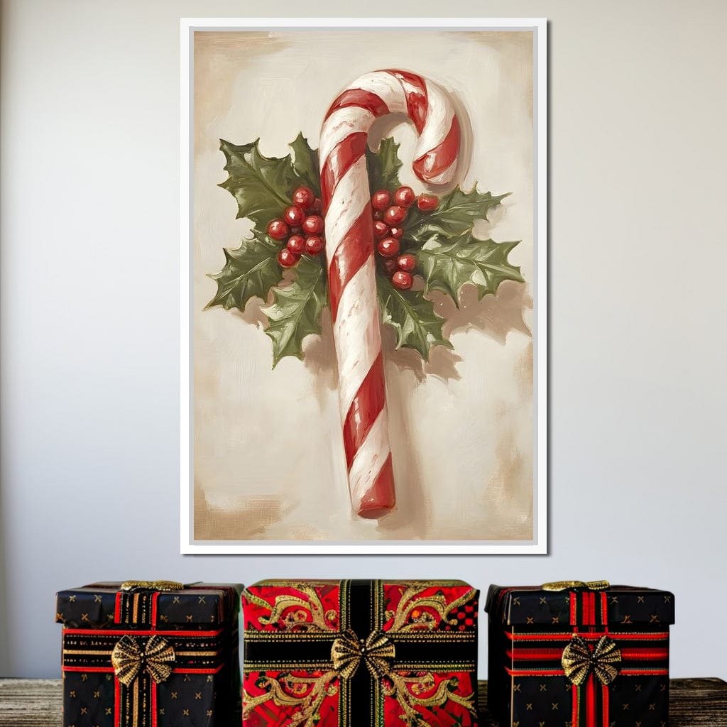 Christmas Candy Cane Holly Joy Canvas Wall Art