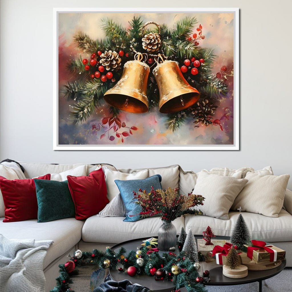 Golden Christmas Bells Garland Canvas Wall Art