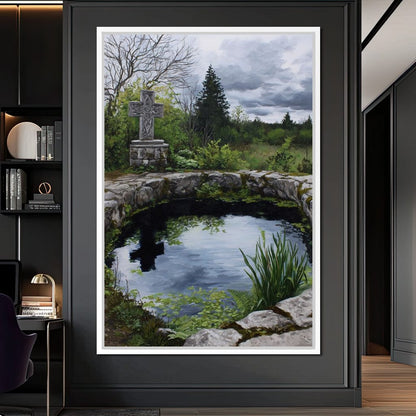 Celtic Cross Garden Pond Sky Canvas Wall Art