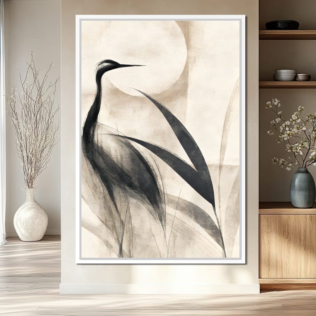 Lone Crane Watching The Pale Disc Canvas Wall Art