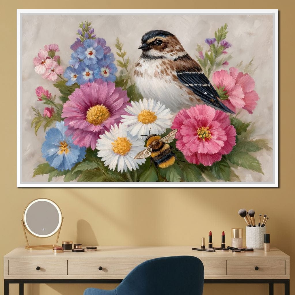 Garden Sparrow and Bumblebee Canvas Wall Art