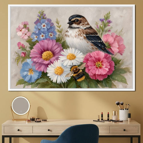 Garden Sparrow and Bumblebee Canvas Wall Art