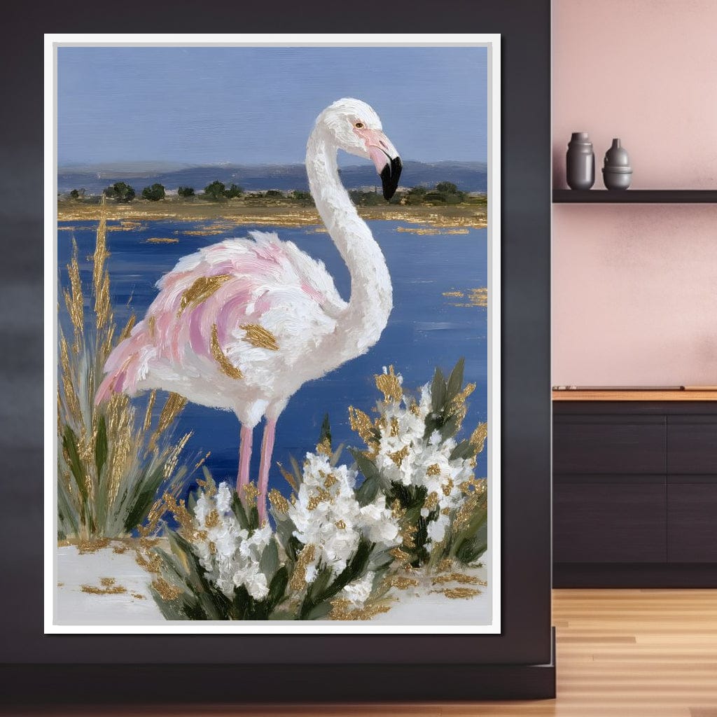 Coastal Flamingo Gold Glint Canvas Wall Art