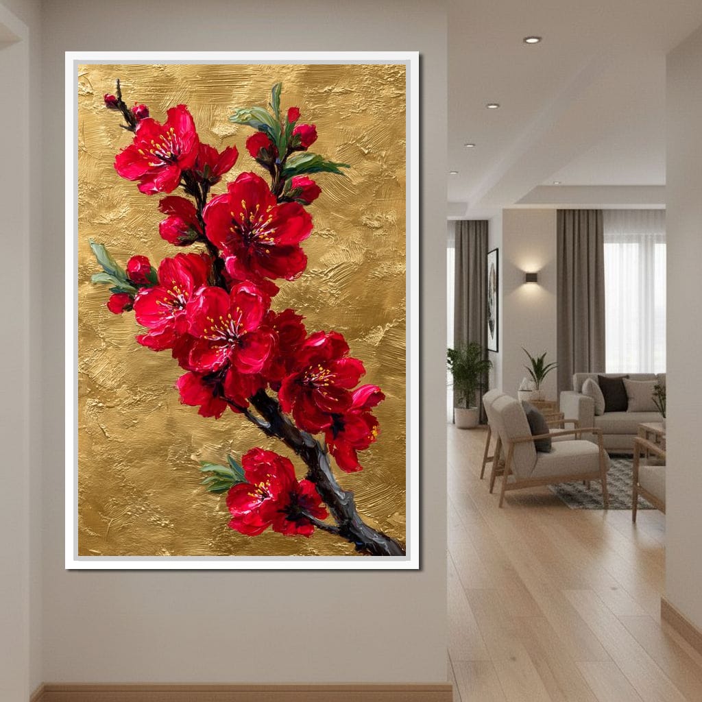 Golden Sakura Blossom Branch Canvas Wall Art