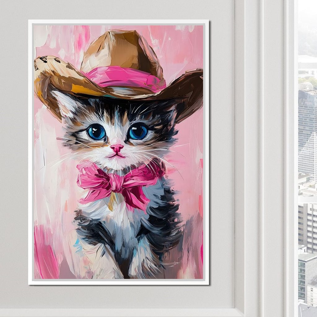 Cowboy Kitten Pink Bow Charm Canvas Wall Art