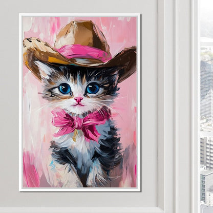 Cowboy Kitten Pink Bow Charm Canvas Wall Art
