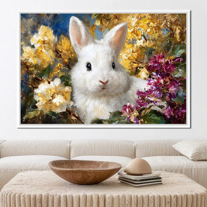 White Bunny Garden Bouquet Canvas Wall Art