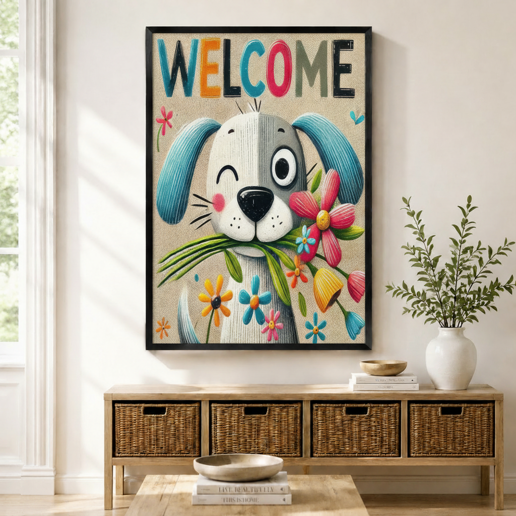 Welcome Dog Floral Colorful Canvas Wall Art