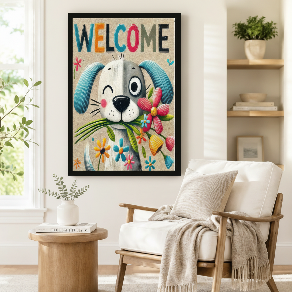 Welcome Dog Floral Colorful Canvas Wall Art