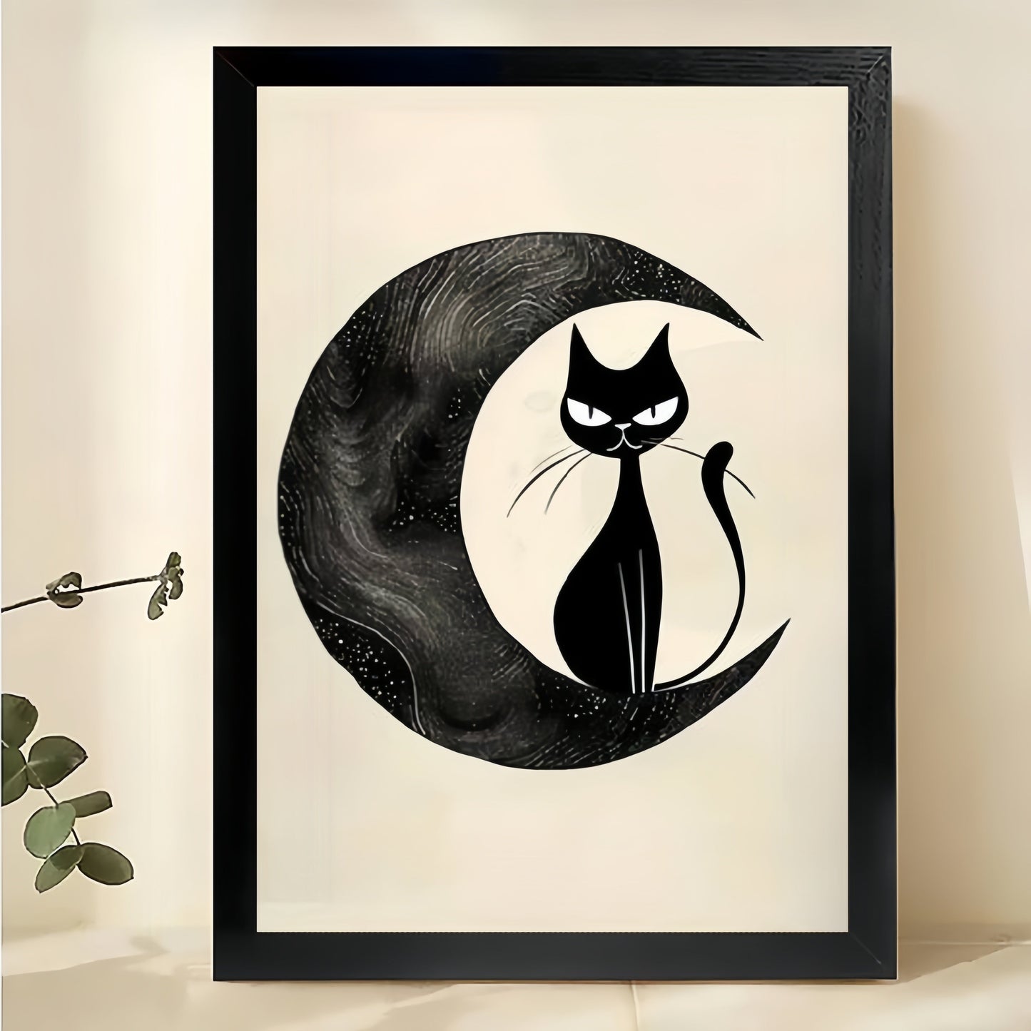 The Moon & Cat Silhouette – Minimalist Dreamy Wall Art on Natural Wood Canvas