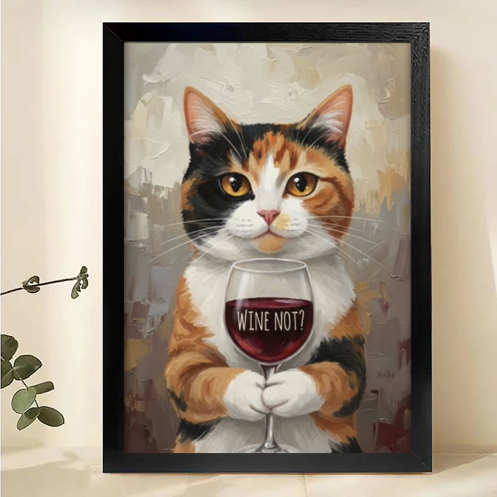 Cat Wine Wall Art - Wine Not Funny Print