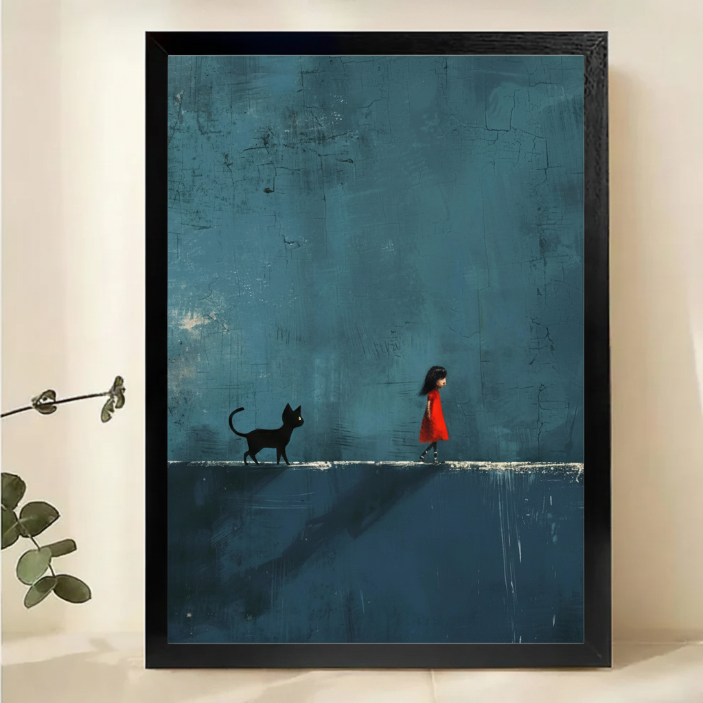 Girl in Red and Black Cat Wall Art – Moody Minimalist Canvas Print on Natural Wood Frame