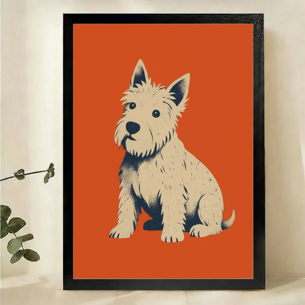 West Highland Terrier Wall Art – Bold Retro Graphic Dog Canvas Print on Natural Wood Frame
