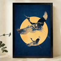 Golden Cranes Under the Moon Wall Art – Dark Canvas Print on Natural Wood Frame