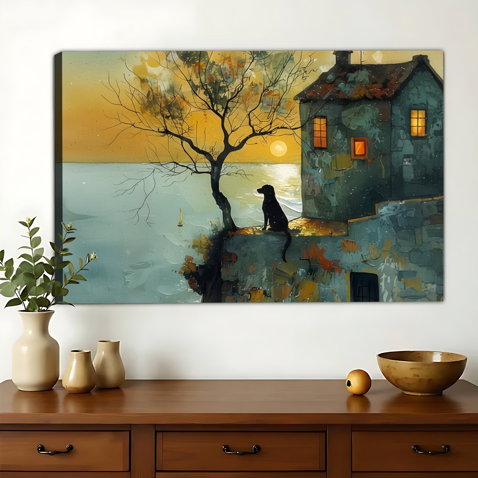 Coastal Sunset Black Dog Silhouette – Vintage Whimsical Wall Art on Natural Wood Canvas