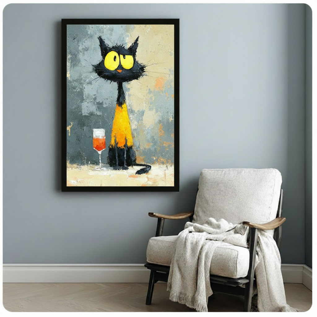 Black Cat Wine Glass Impasto Canvas Wall Art